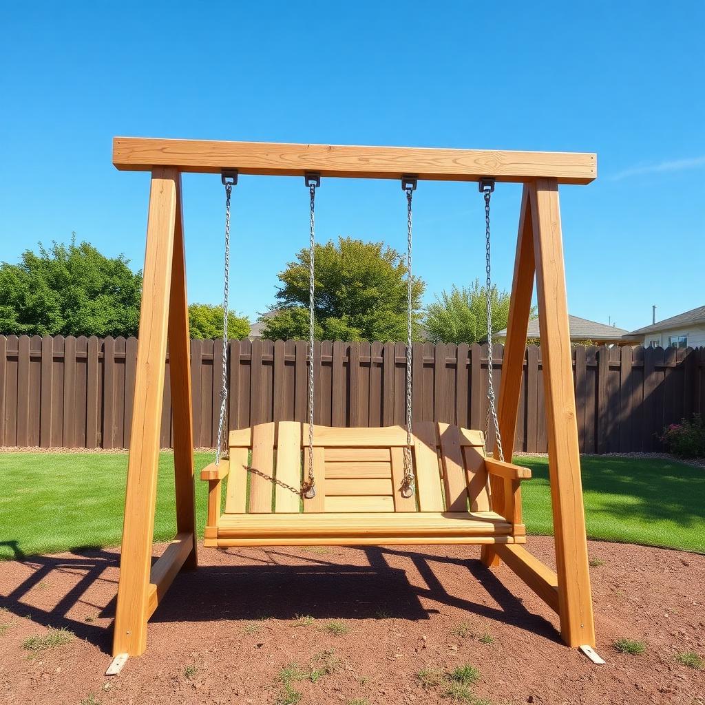 Wooden swing set in a sunny yard